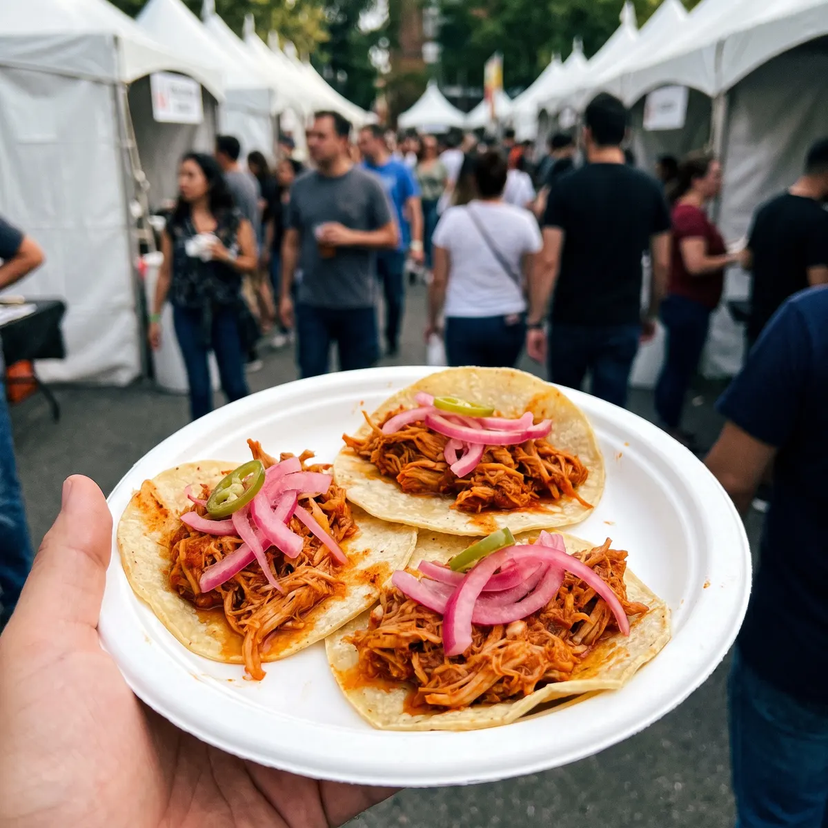 Plato con tres tacos de cochinita pibil con cebolla morada y chile, entre las carpas