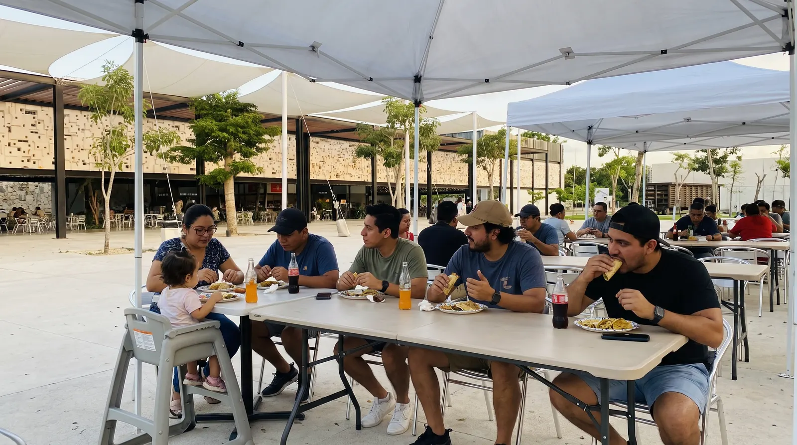 Gente comiendo tacos en mesas plegables bajo carpas, con una niña en su silla alta