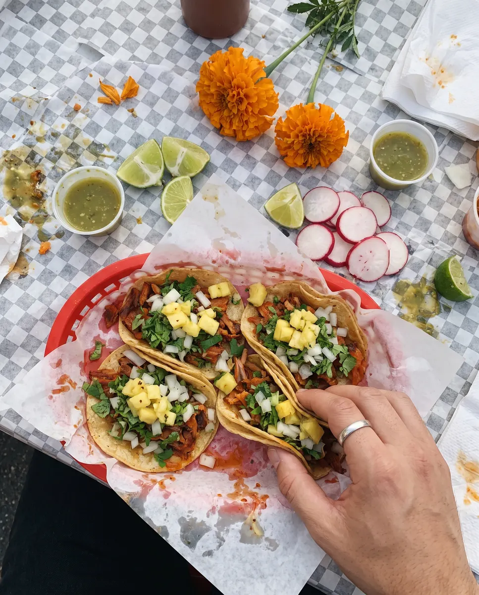 Canasta de tacos al pastor con piña y cilantro, limones, rábanos, salsa verde y flores de cempasúchil