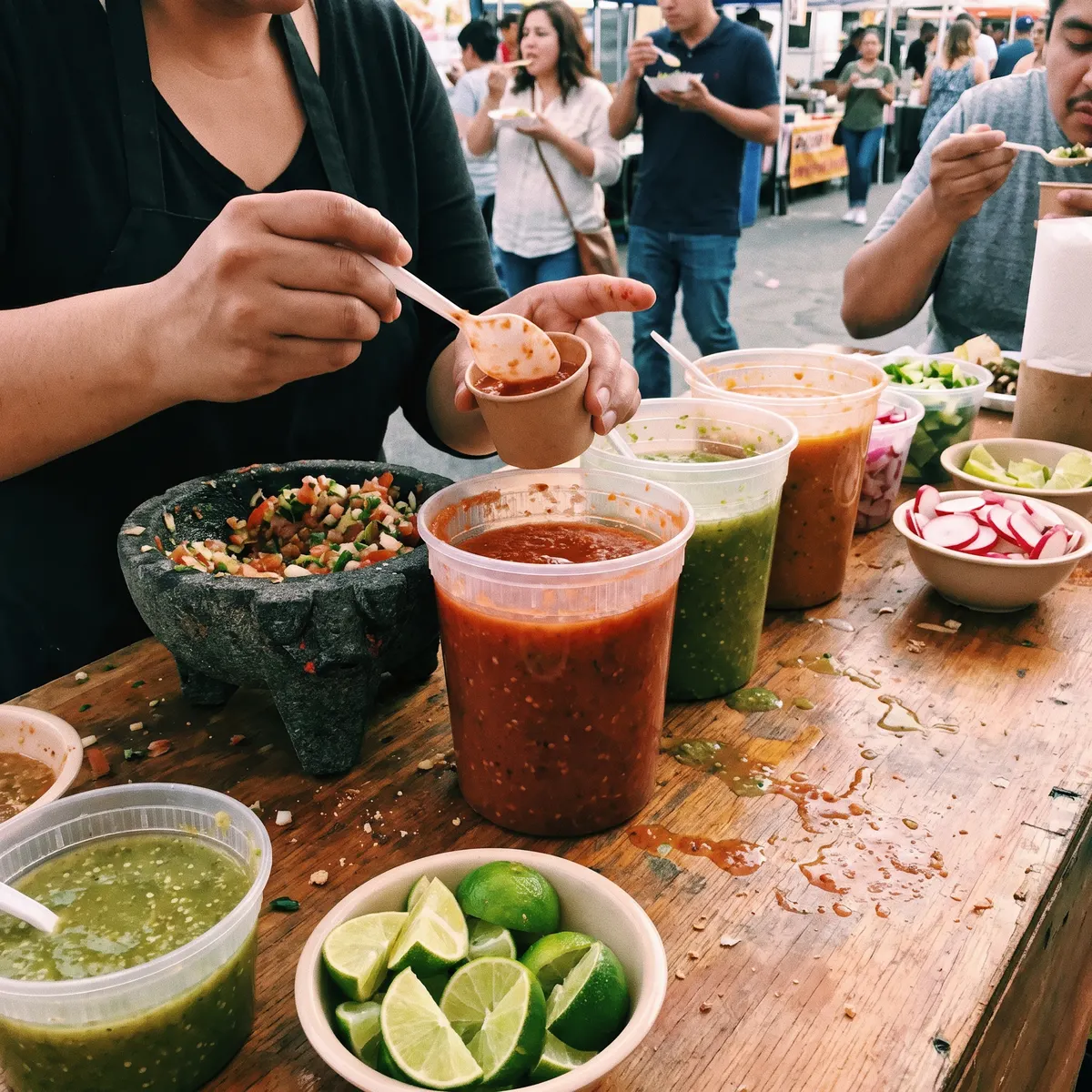 Barra de salsas con molcajete, salsas roja, verde y de habanero, limones y rábanos